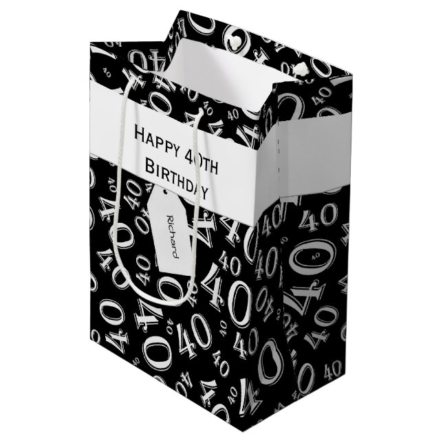 40th Biirthday Random Number Pattern Black/White Medium Gift Bag (Front Angled)
