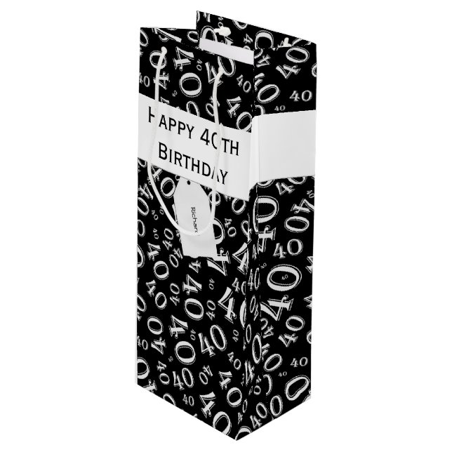 40th Biirthday Random Number Pattern Black/White Wine Gift Bag (Front Angled)