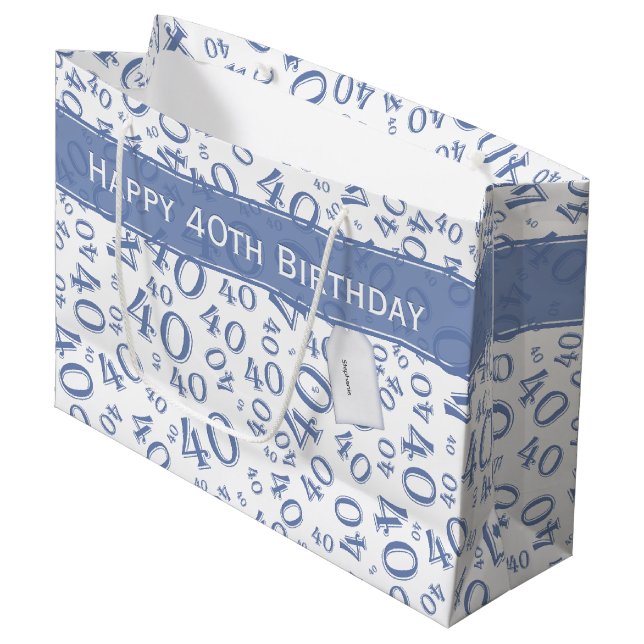 40th Biirthday Random Number Pattern Blue/White Large Gift Bag (Front Angled)