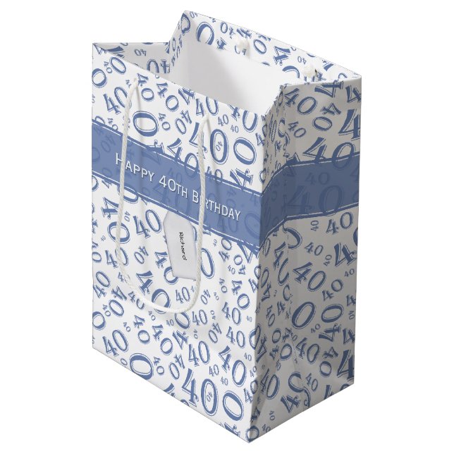40th Biirthday Random Number Pattern Blue/White Medium Gift Bag (Front Angled)