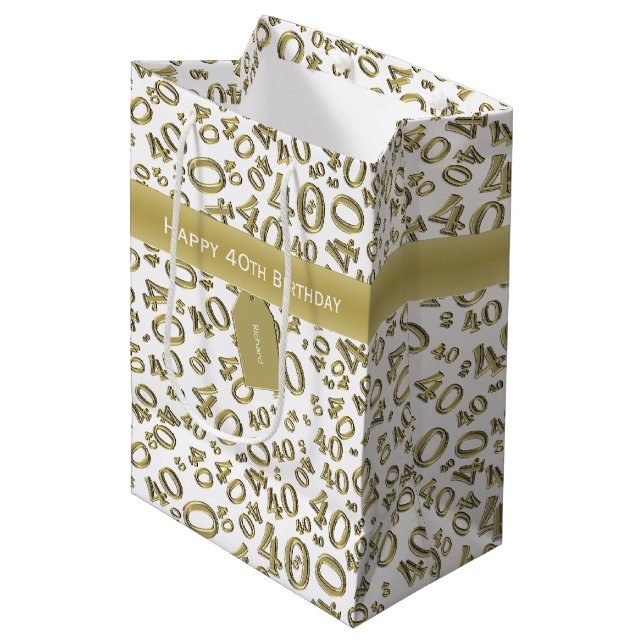 40th Biirthday Random Number Pattern Gold/White Medium Gift Bag (Front Angled)