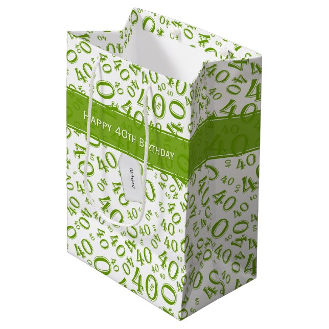 40th Biirthday Random Number Pattern Green/White Medium Gift Bag (Front Angled)
