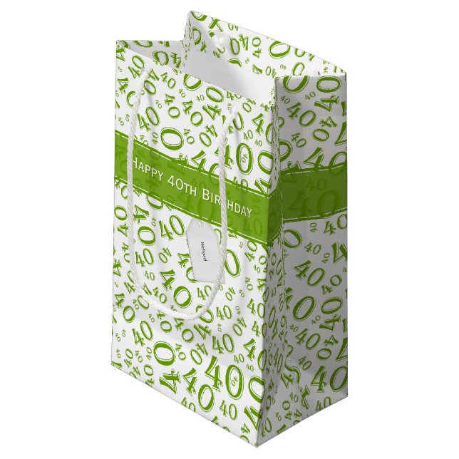 40th Biirthday Random Number Pattern Green/White Small Gift Bag (Front Angled)