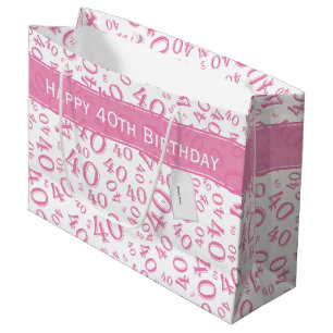 40th Biirthday Random Number Pattern Pink/White Large Gift Bag