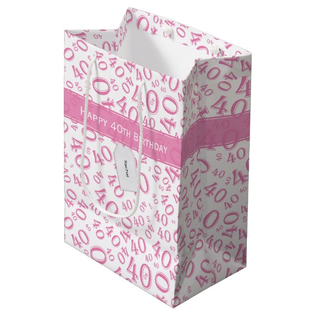 40th Biirthday Random Number Pattern Pink/White Medium Gift Bag (Front Angled)