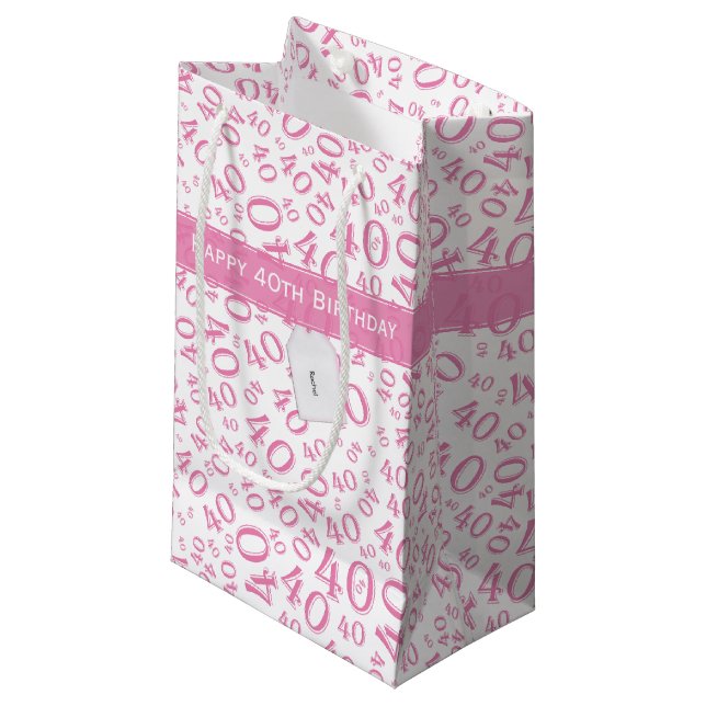 40th Biirthday Random Number Pattern Pink/White Small Gift Bag (Front Angled)