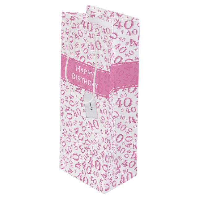 40th Biirthday Random Number Pattern Pink/White Wine Gift Bag (Front Angled)