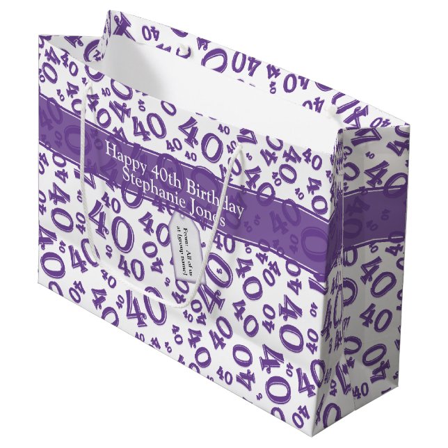 40th Biirthday Random Number Pattern Purple/White Large Gift Bag (Front Angled)