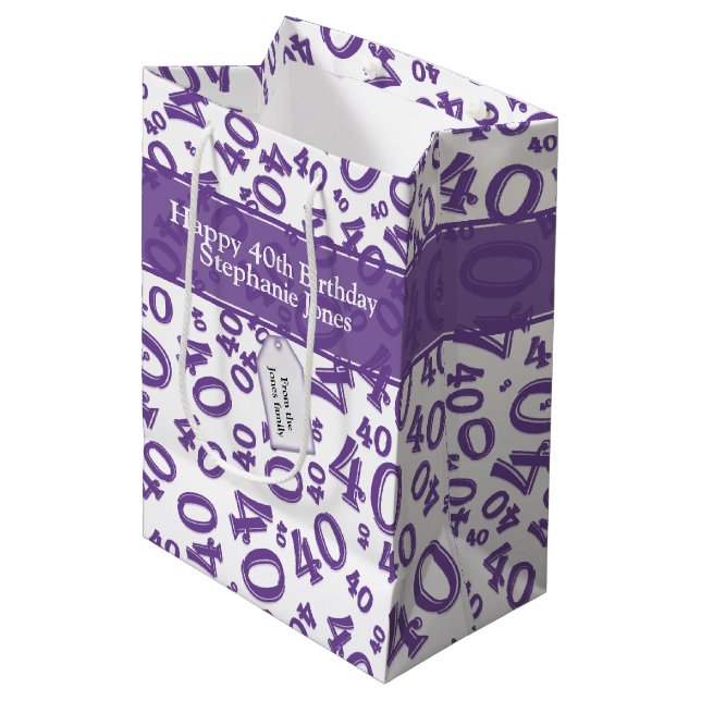 40th Biirthday Random Number Pattern Purple/White Medium Gift Bag (Front Angled)
