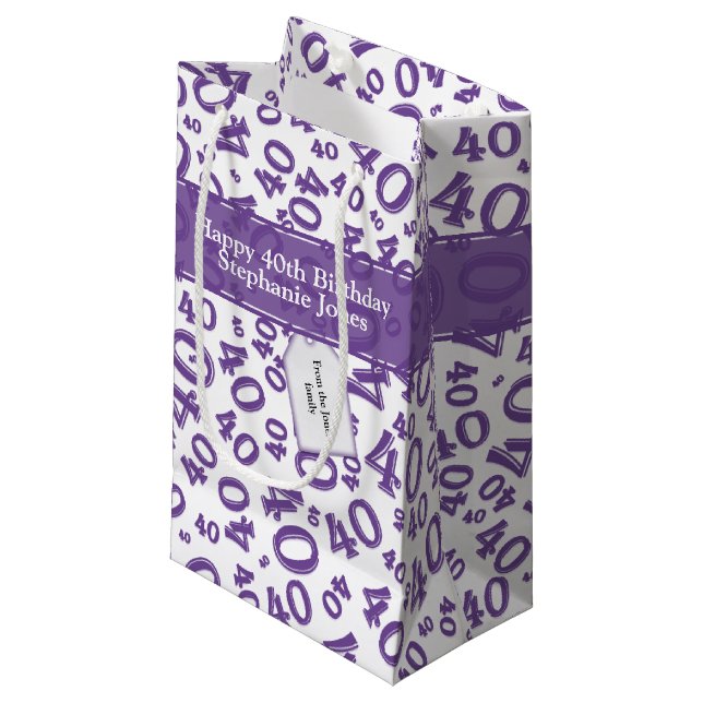 40th Biirthday Random Number Pattern Purple/White Small Gift Bag (Front Angled)