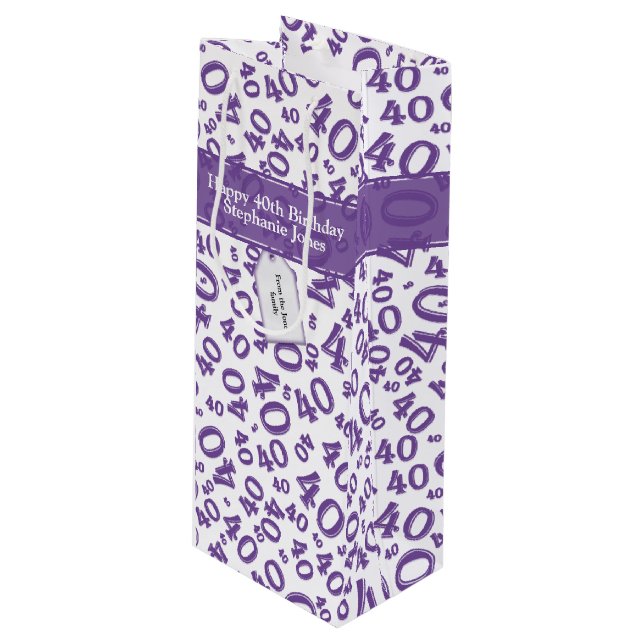 40th Biirthday Random Number Pattern Purple/White Wine Gift Bag (Front Angled)