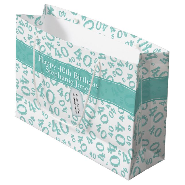 40th Biirthday Random Number Pattern Teal/White Large Gift Bag (Front Angled)