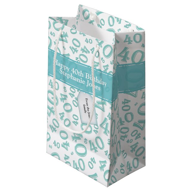 40th Biirthday Random Number Pattern Teal/White Small Gift Bag (Front Angled)