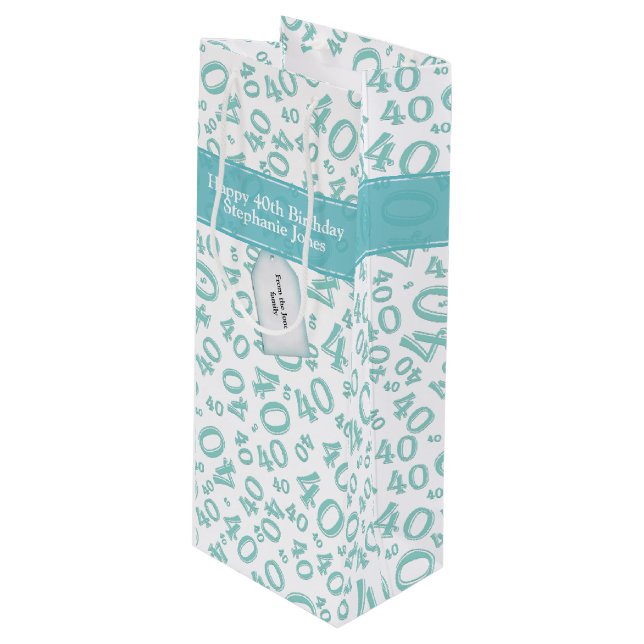 40th Biirthday Random Number Pattern Teal/White Wine Gift Bag (Front Angled)
