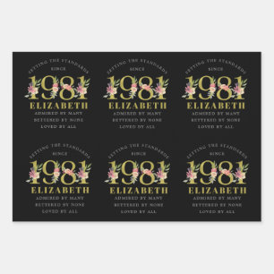 40th Birthday 1981 Black Gold Floral Personalized Wrapping Paper Sheets