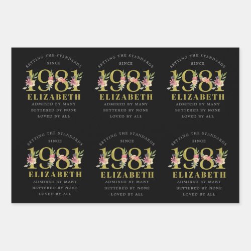 40th Birthday 1981 Black Gold Floral Personalized Wrapping Paper Sheets