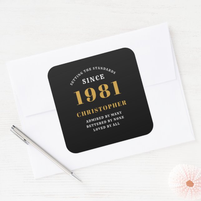 40th Birthday 1981 Black Gold For Him Personalized Square Sticker (Envelope)