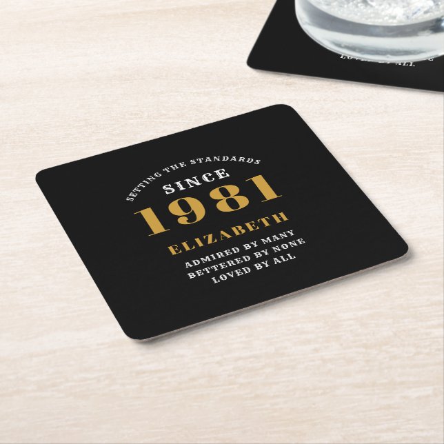 40th Birthday 1981 Black Gold lady's Personalized Square Paper Coaster (Angled)