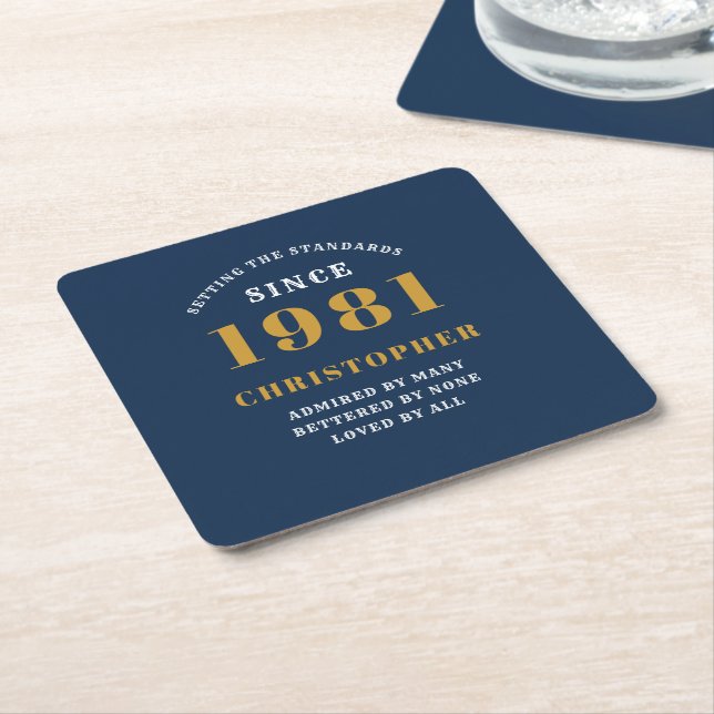 40th Birthday 1981 Blue Gold For Him Personalized Square Paper Coaster (Angled)