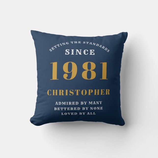 40th Birthday 1981 Blue Gold Men's Personalized Throw Pillow (Front)