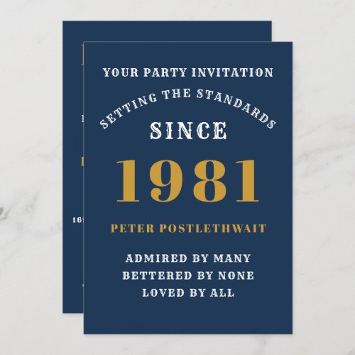 40th Birthday 1981 Blue Gold Personalized For Him Invitation