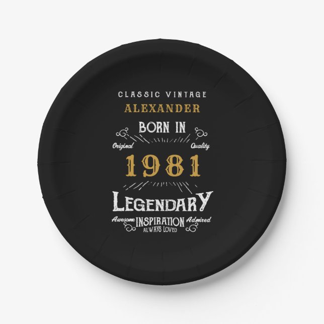 40th Birthday 1981 Legendary Personalized Retro Paper Plates (Front)