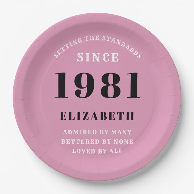 40th Birthday 1981 Pink Grey For Her Personalized Paper Plates (Front)