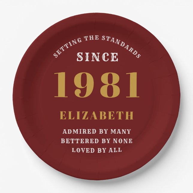40th Birthday 1981 Red Gold lady's Personalized Paper Plates (Front)