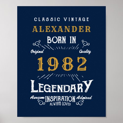 40th Birthday 1982 Add Name Legendary Blue Gold Poster