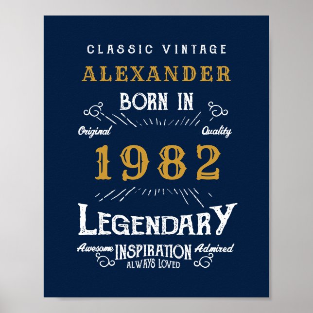 40th Birthday 1982 Add Name Legendary Blue Gold Poster (Front)
