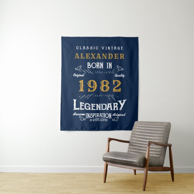 40th Birthday 1982 Add Name Legendary Blue Gold Tapestry (In Situ)