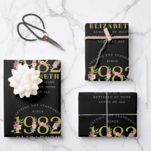 40th Birthday 1982 Black Gold Floral Personalized  Wrapping Paper Sheets