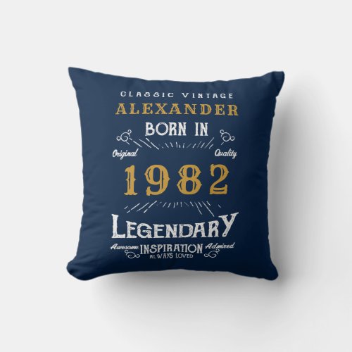 40th Birthday 1982 Blue Gold Add Name Retro Throw Pillow