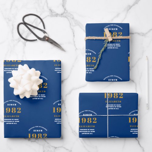 40th Birthday 1982 Blue Gold Chic Elegant Wrapping Paper Sheets