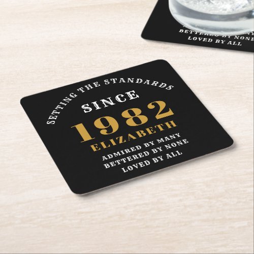 40th Birthday 1982 Elegant Black Gold Chic Square Paper Coaster