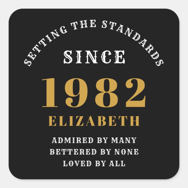 40th Birthday 1982 Elegant Black Gold Chic Square Sticker (Front)