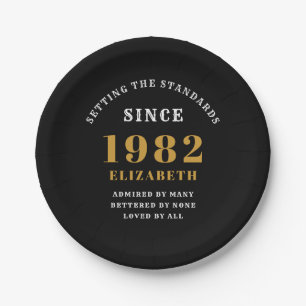 40th Birthday 1982 Elegant Chic Gold Black Paper Plates