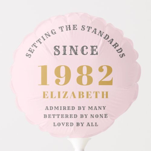 40th Birthday 1982 Elegant Gold Pink Grey Balloon