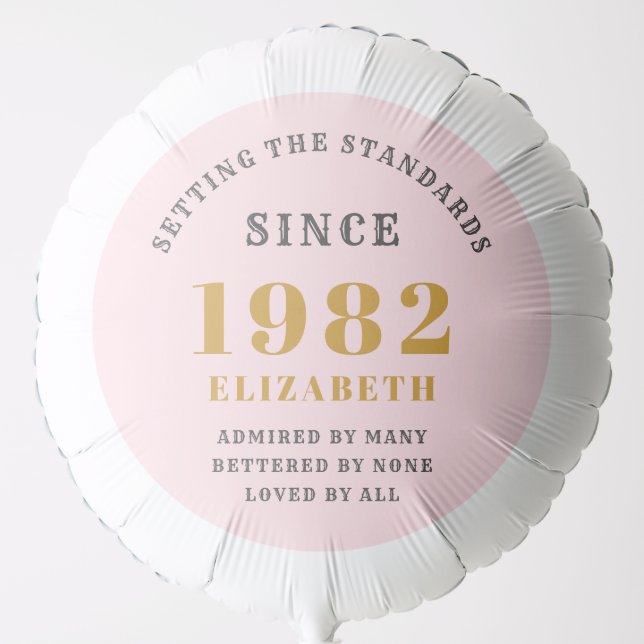 40th Birthday 1982 Elegant Gold Pink Grey Balloon (Front)