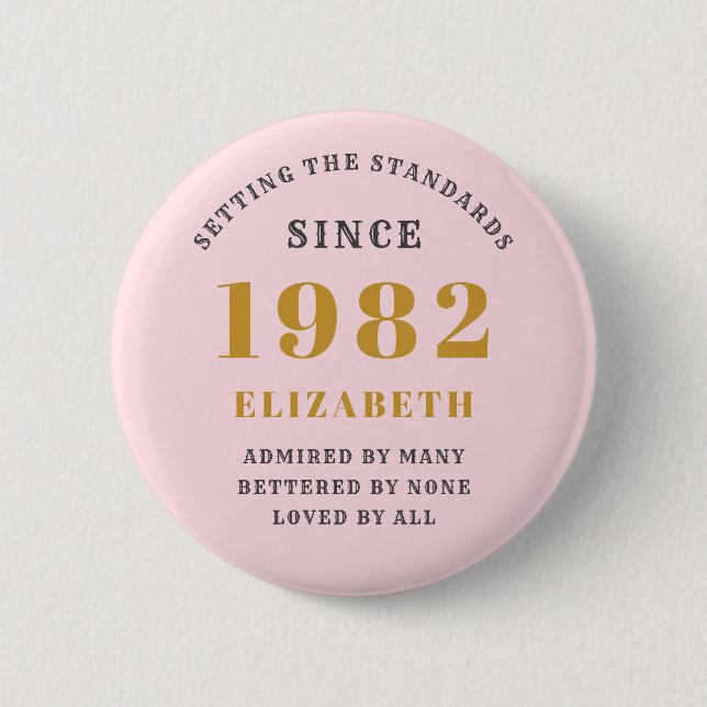 40th Birthday 1982 Elegant Gold Pink Grey Button (Front)