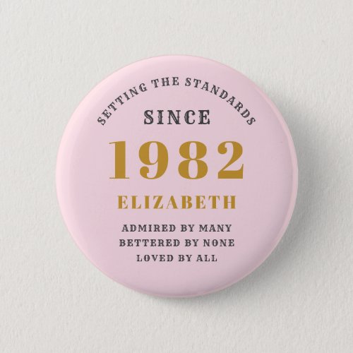 40th Birthday 1982 Elegant Gold Pink Grey Button