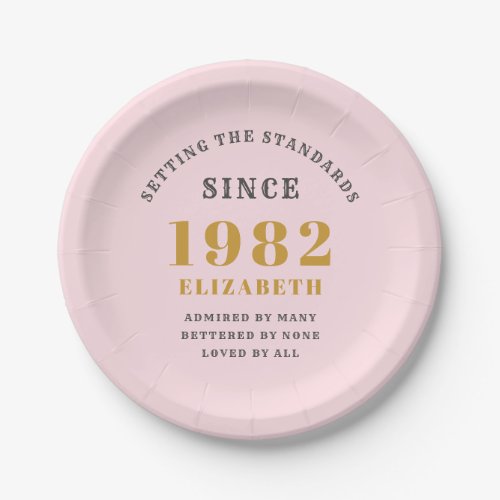 40th Birthday 1982 Elegant Gold Pink Grey Paper Plates