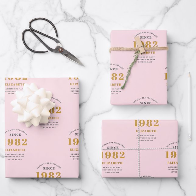 40th Birthday 1982 Elegant Gold pink Grey Wrapping Paper Sheets (Front)