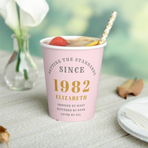 40th Birthday 1982 Elegant Pink Grey Gold Chic Paper Cups