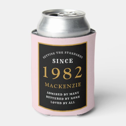 40th Birthday 1982 Name Elegant Black Gold Pink Can Cooler