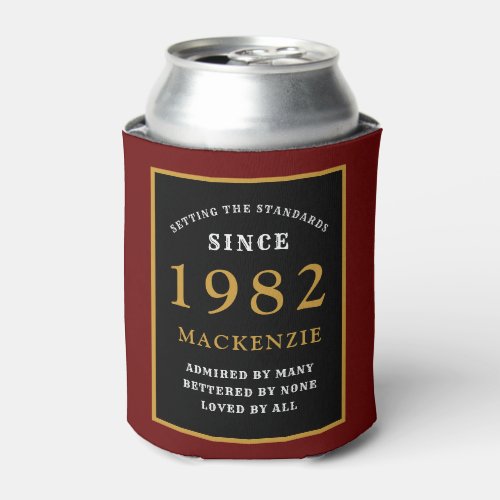 40th Birthday 1982 Name Elegant Black Gold Red Can Cooler