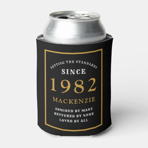 40th Birthday 1982 Name Elegant Chic Black Gold Can Cooler