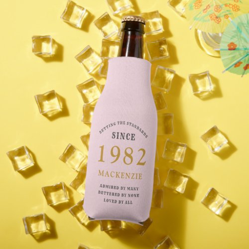 40th Birthday 1982 Name Elegant Gold Grey Pink Bottle Cooler