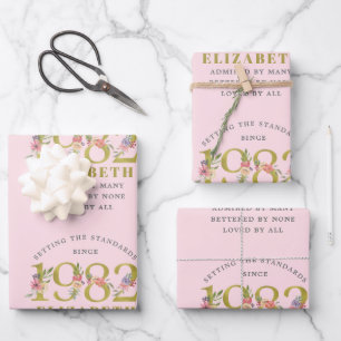 40th Birthday 1982 Pink Gold Floral Personalized W Wrapping Paper Sheets