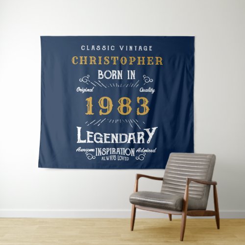 40th Birthday 1983 Add Name Legend Blue Gold Retro Tapestry